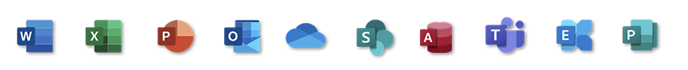 les logos des logiciels compris dans la suite Microsoft 365 hébergée et sécurisée dans le cloud par l’entreprise IT Saphico